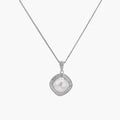 Cushion-shaped double halo pendant with 10mm freshwater pearl center on rhodium-plated sterling silver chain