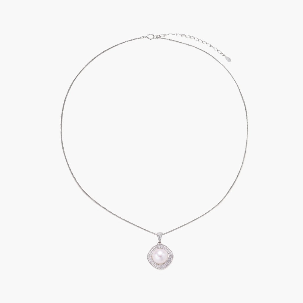 Cushion-shaped double halo pendant with 10mm freshwater pearl center on rhodium-plated sterling silver chain